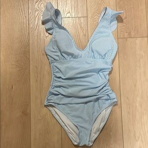 Ellen Tracy Textured Stripe Swimsuit with Ruching & Flutter Sleeve, sz 8
